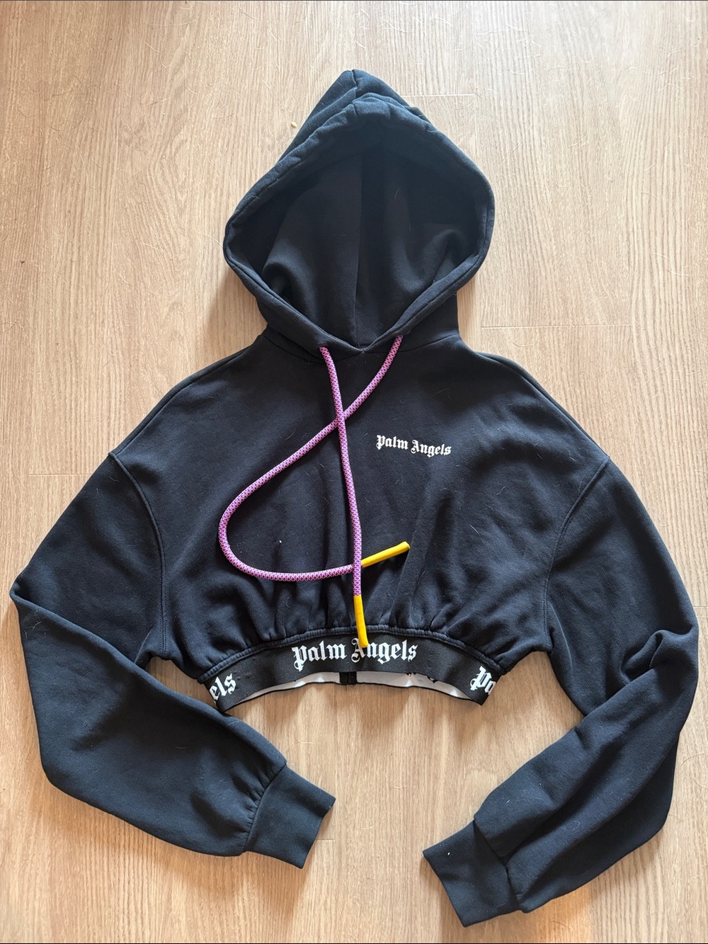 Palm Angels Black Cropped Hoodie with Purple & Yellow Drawcords